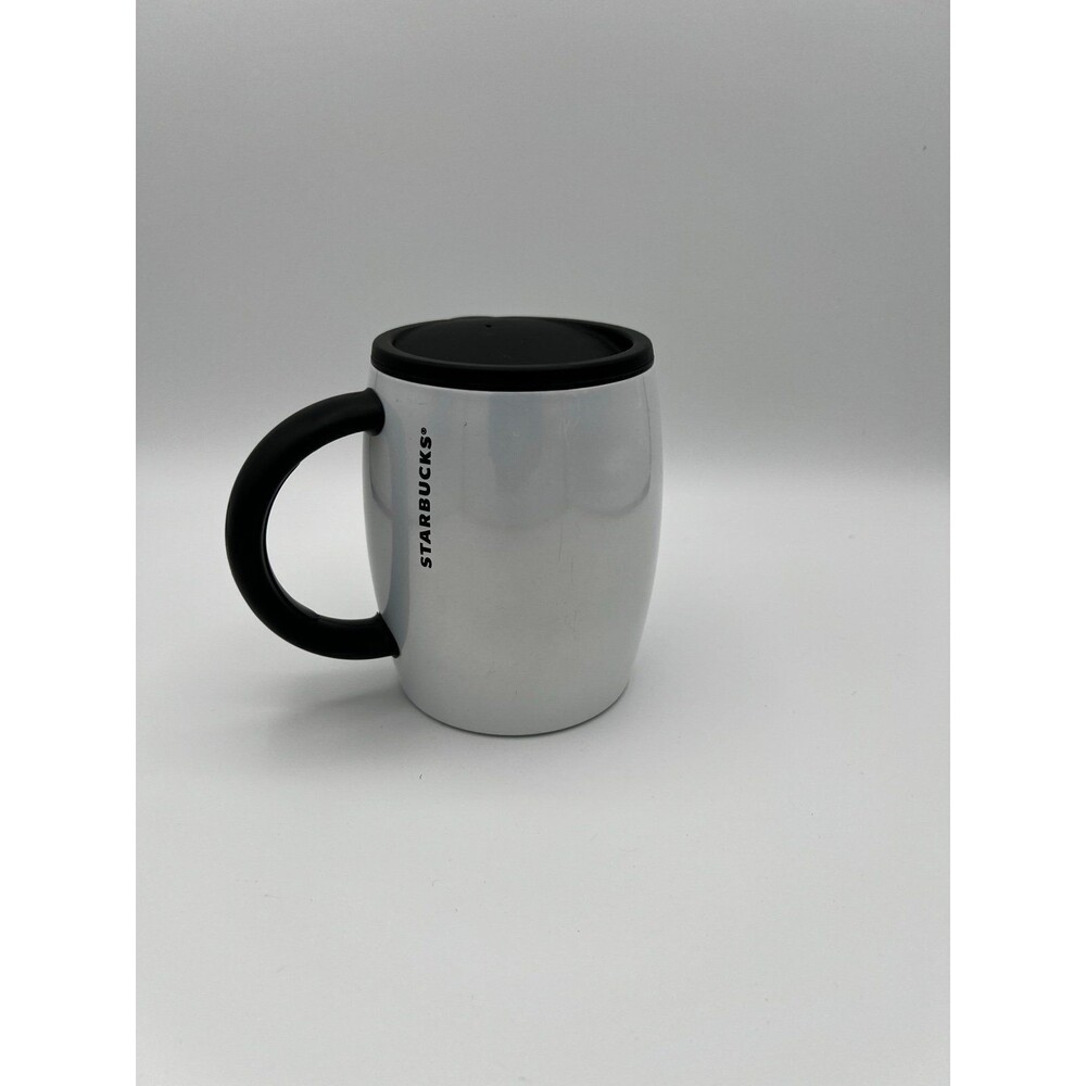 Starbucks White Desktop Barrel Tumbler Mug Black Handle 14oz